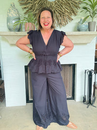 High Rise Elastic Waist Ankle Length Wide Leg Pant - Navy