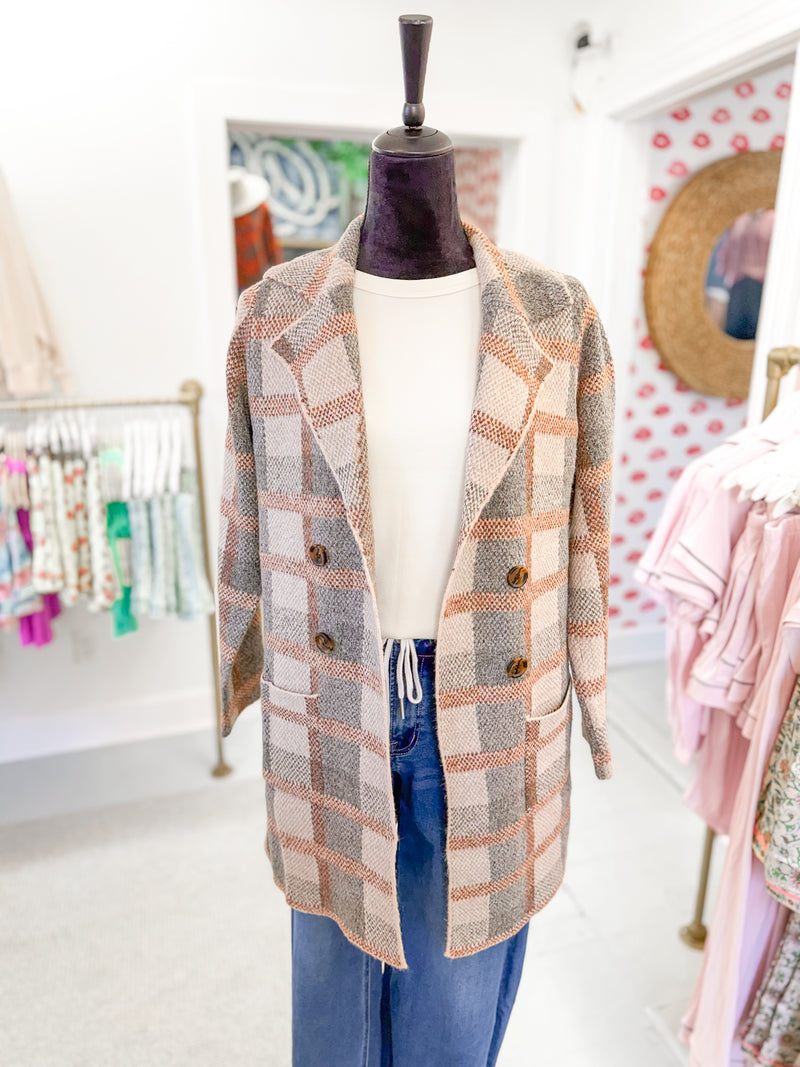 Checkered Jacquarded Tailored Collar Open Front Cardigan - Taupe