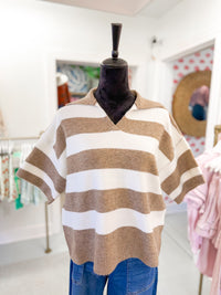 Striped Knit Short Sleeve Sweater - Mocha