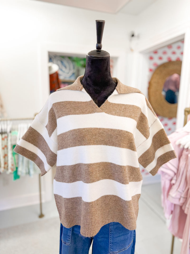 Striped Knit Short Sleeve Sweater - Mocha