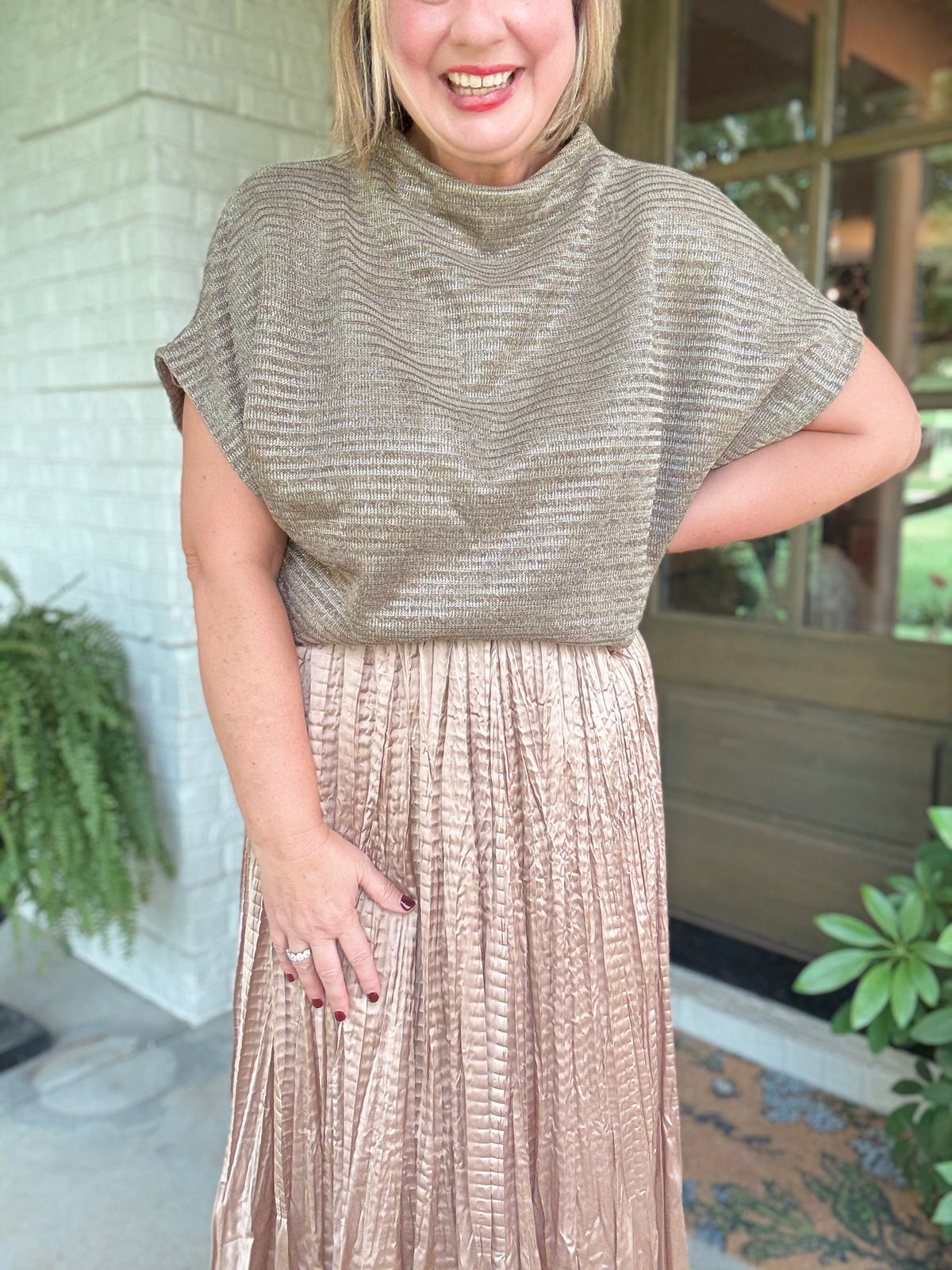 Mock Neck Glam Oversized Top - Taupe