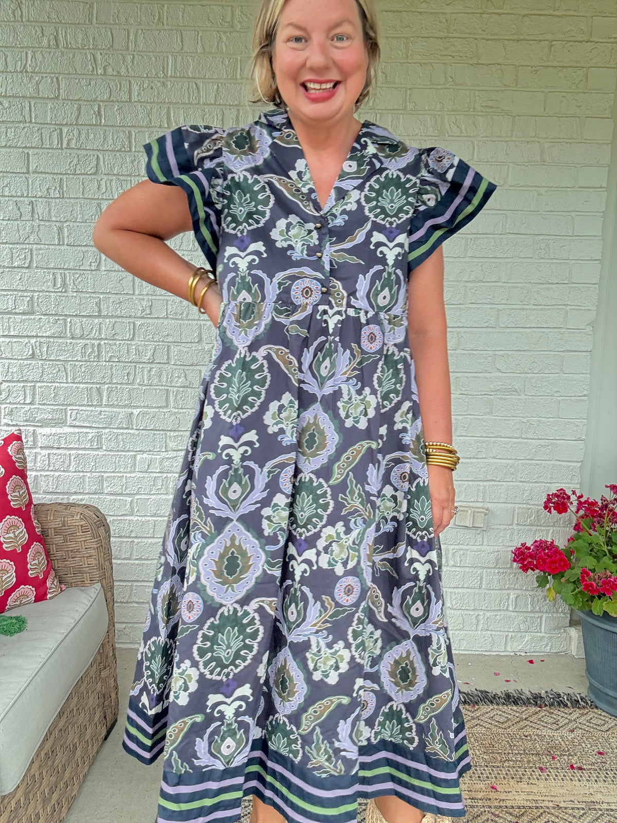 Golden Season Dress w/ Ruffle Sleeve - Navy