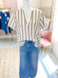 Gray Stripe Flutter Sleeve Top