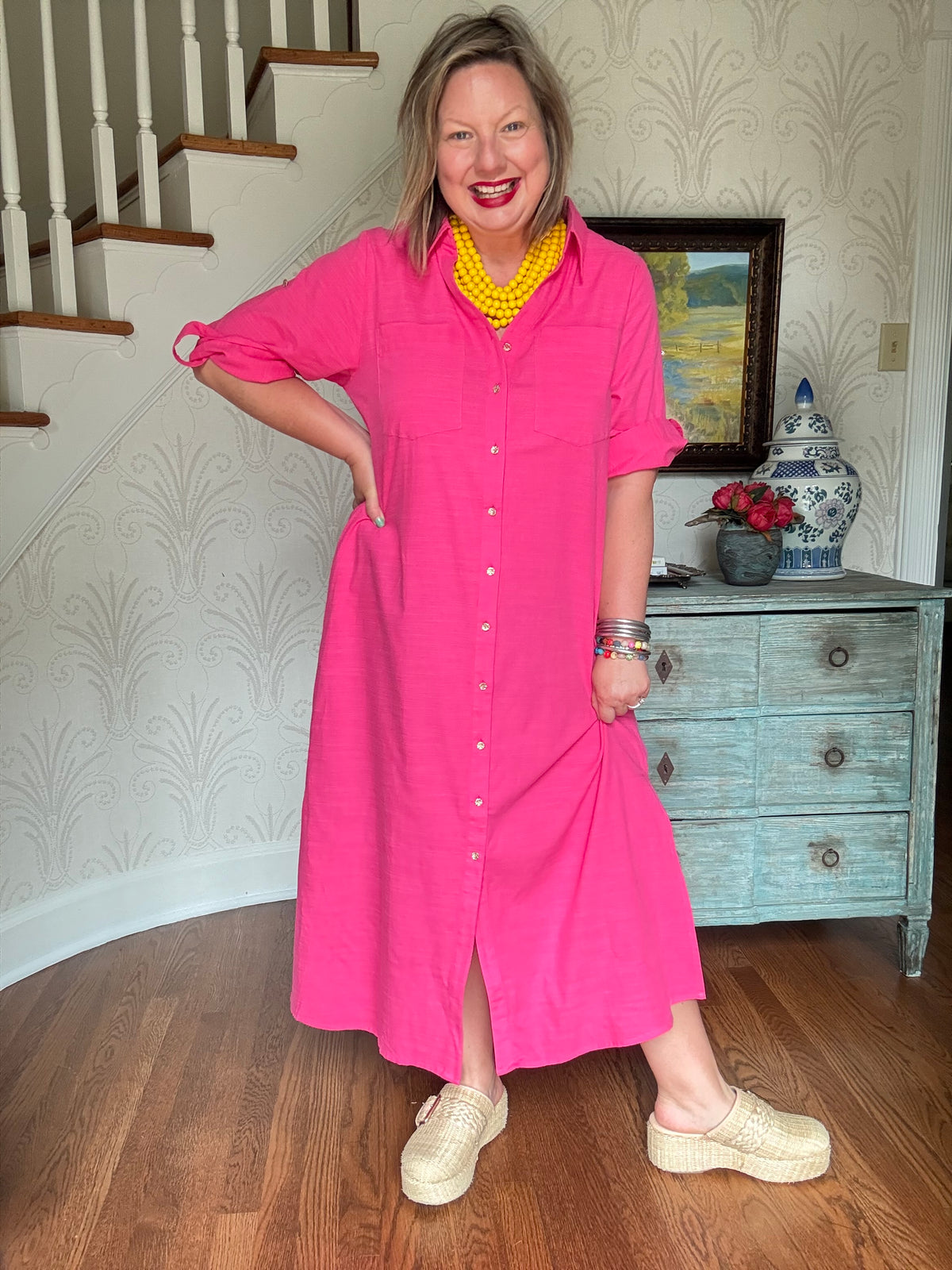Casual Bright Pink Shirt Dress with Rolled Sleeves