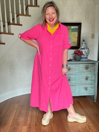 Casual Bright Pink Shirt Dress with Rolled Sleeves