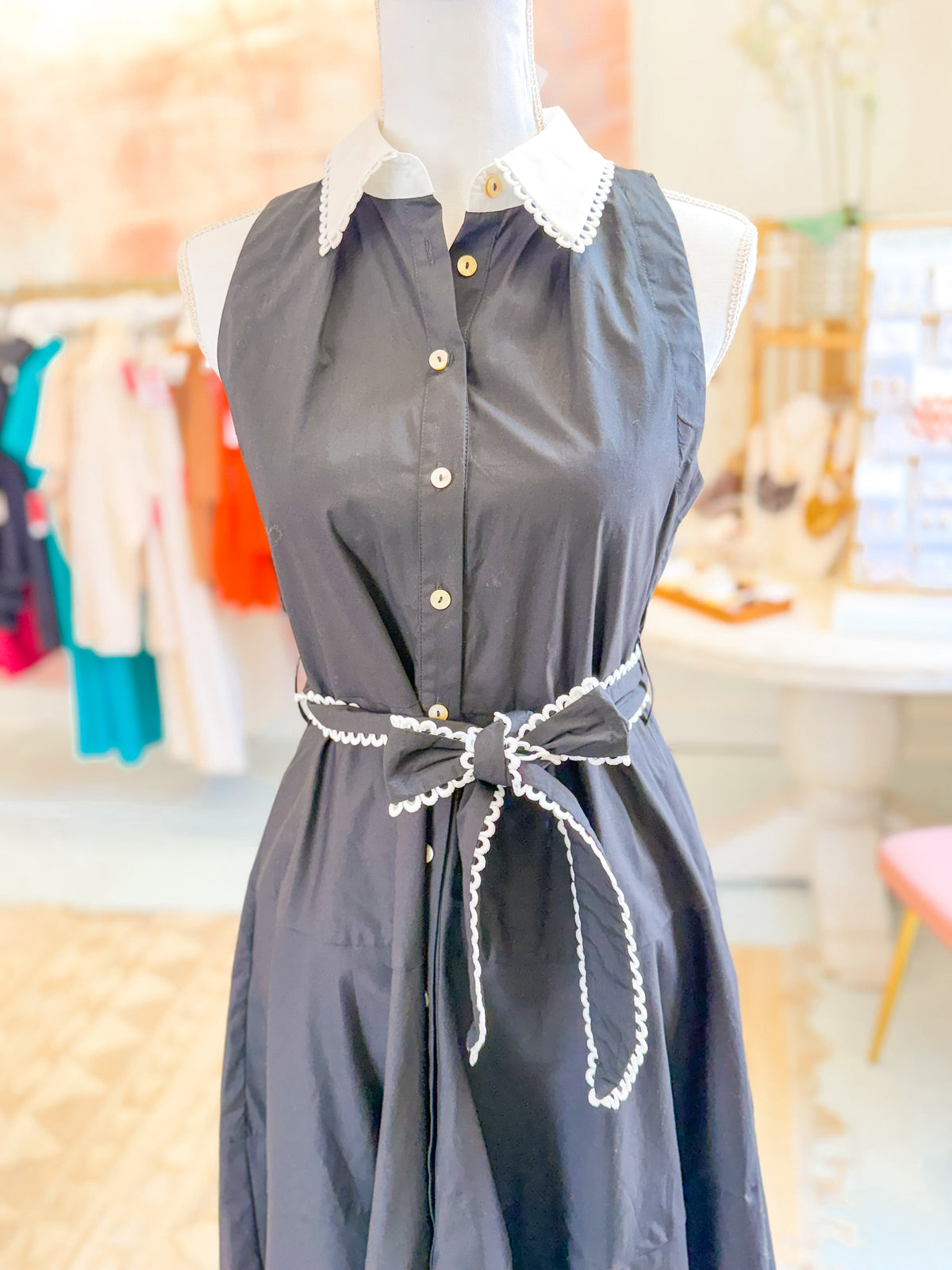 Peter Pan Collar Belted Black Dress