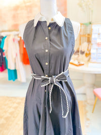 Peter Pan Collar Belted Black Dress
