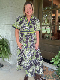 Navy Green Floral Boho Print Dress - Navy