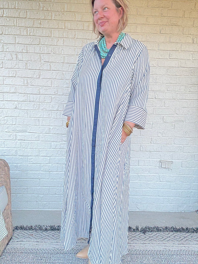 Striped Button Front Maxi Shirt Dress - Indigo