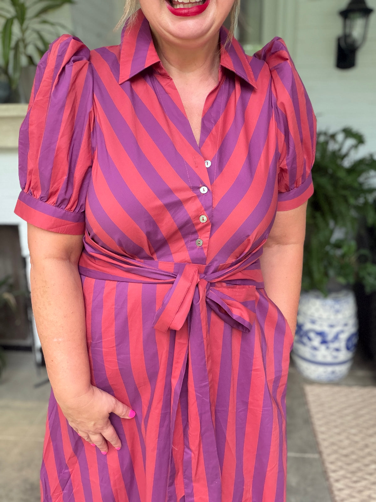 Striped Tie Waist Midi Dress - Plum
