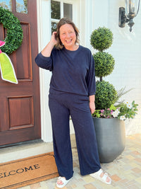 Terry Cropped Sleeve Crew Neck with Wide Leg Pant - Midnight