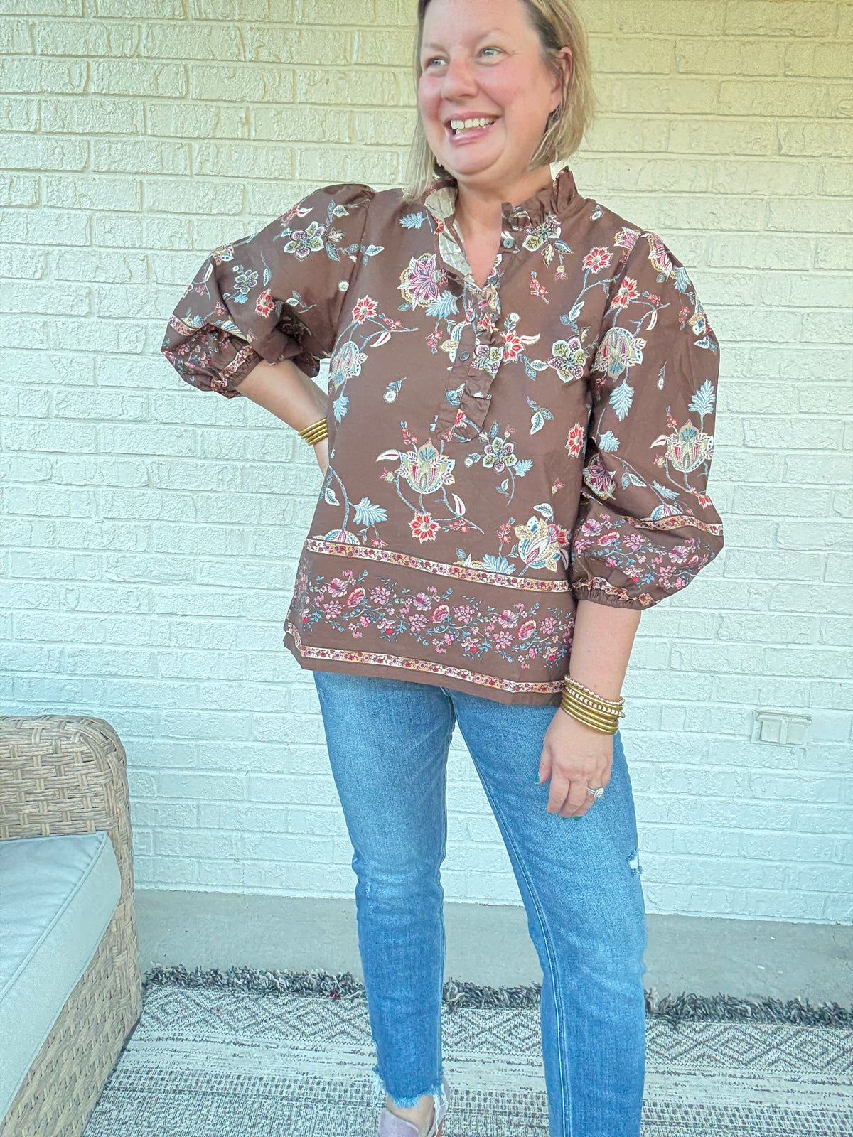 Mocha Floral Boho Blouse with Ruffle Neck