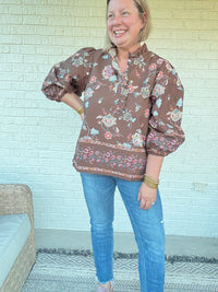 Mocha Floral Boho Blouse with Ruffle Neck