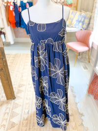 Embroidered Sleeveless Floral Maxi Dress - Navy