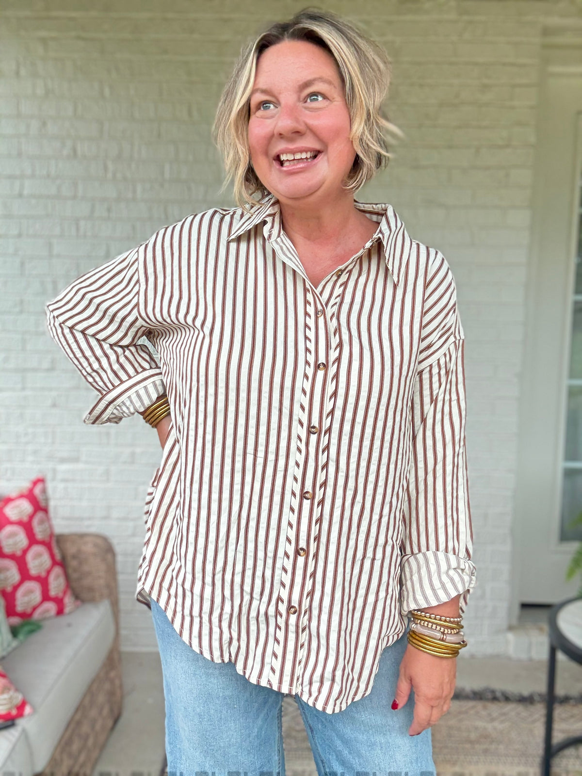 Hazel Stripe Button Up Top - Brown