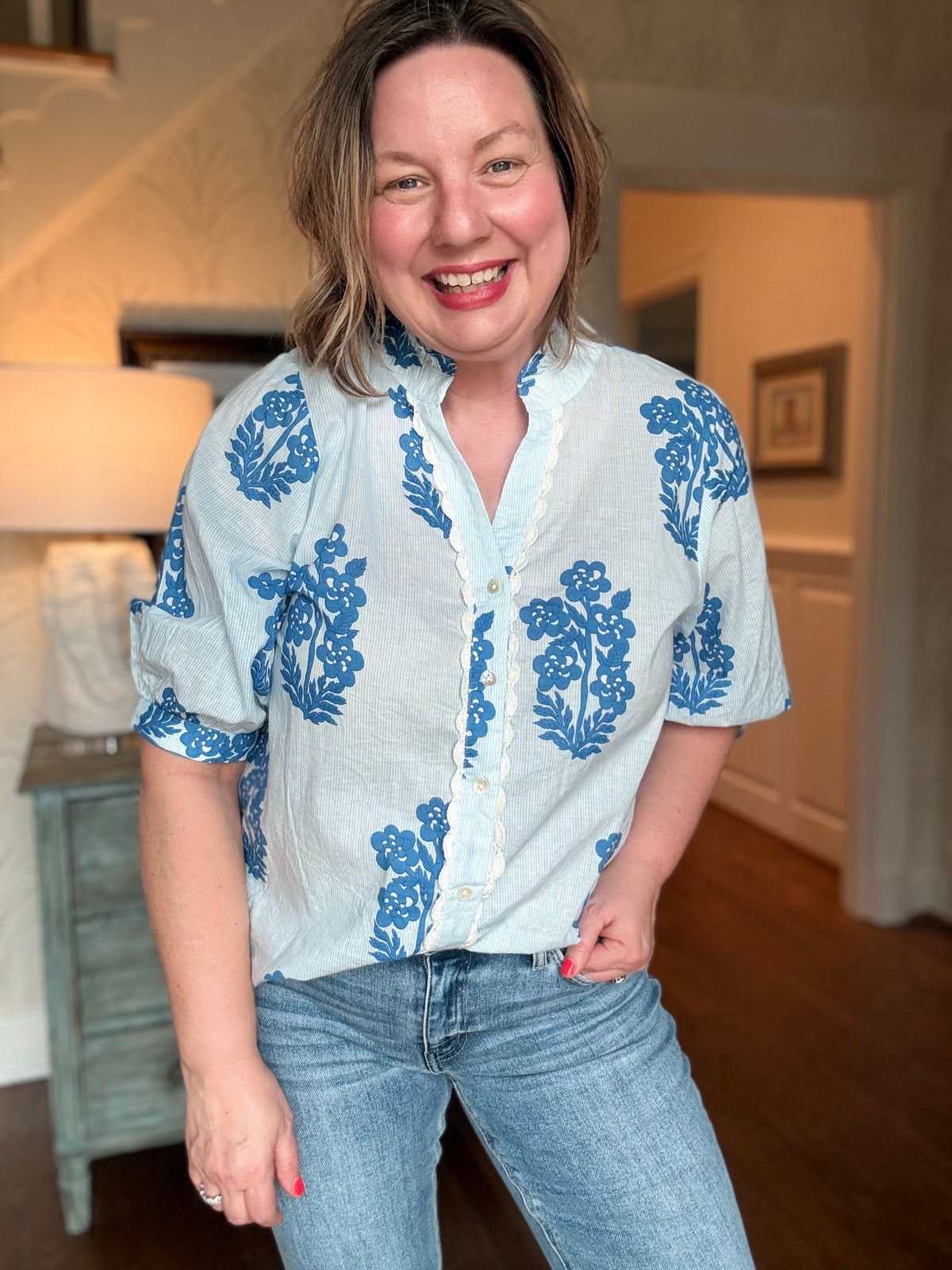 Long Sleeve Floral Pattern Button Up Top