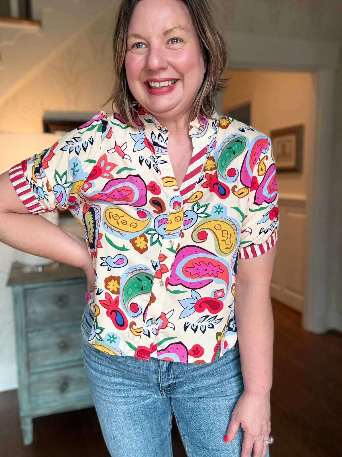 Short Sleeve Pattern Detail Top