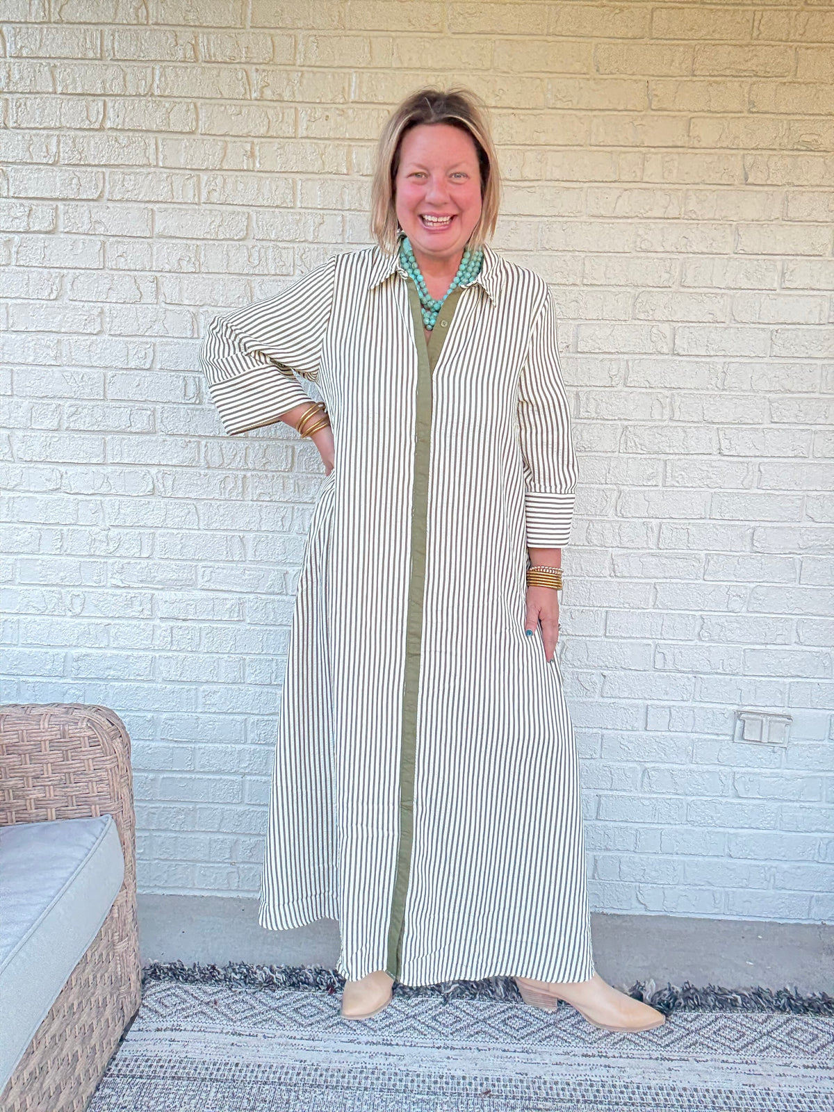 Striped Button Front Maxi Shirt Dress - Olive