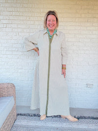 Striped Button Front Maxi Shirt Dress - Olive