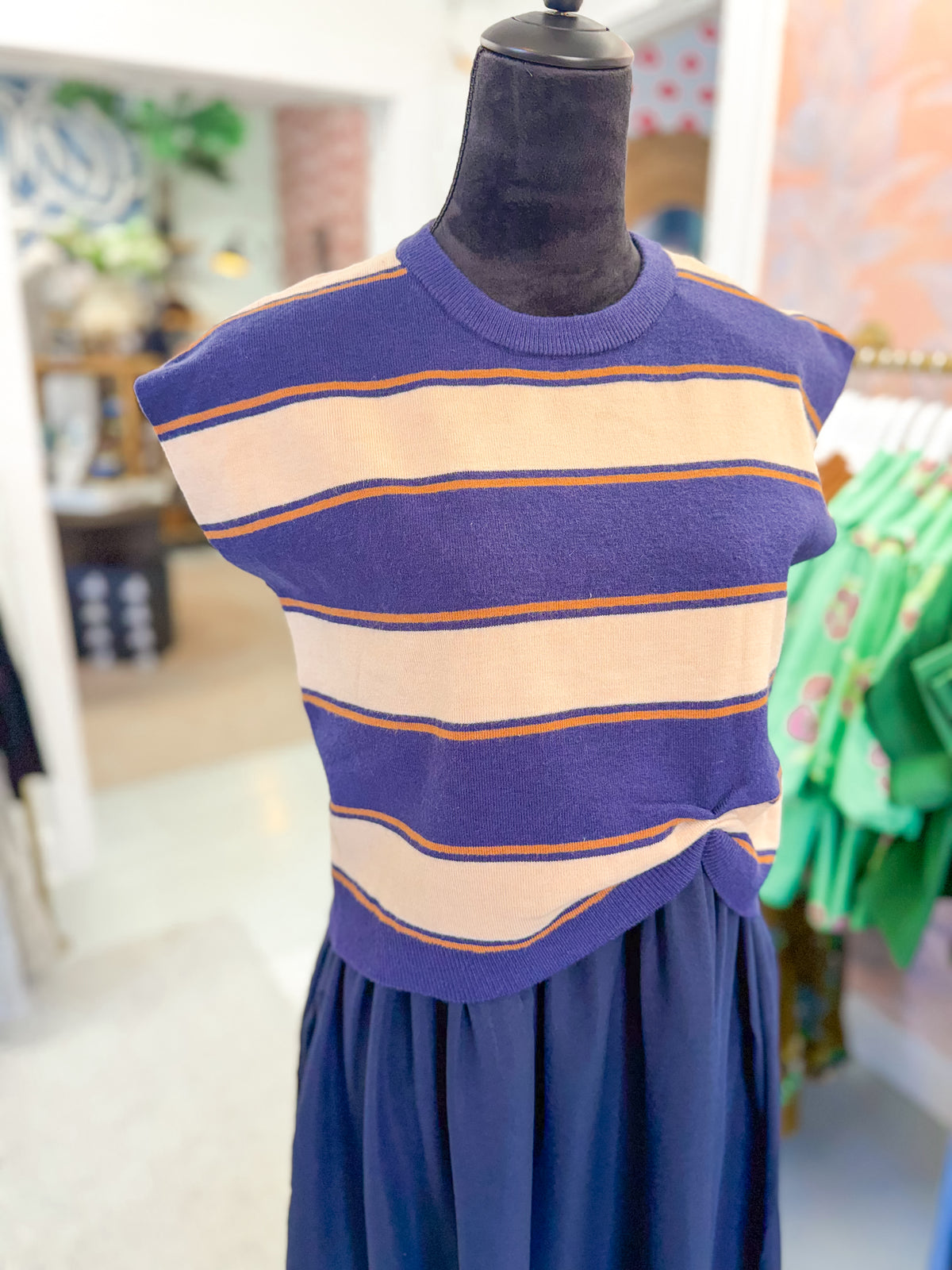 Navy and Camel Striped Sweater Dress