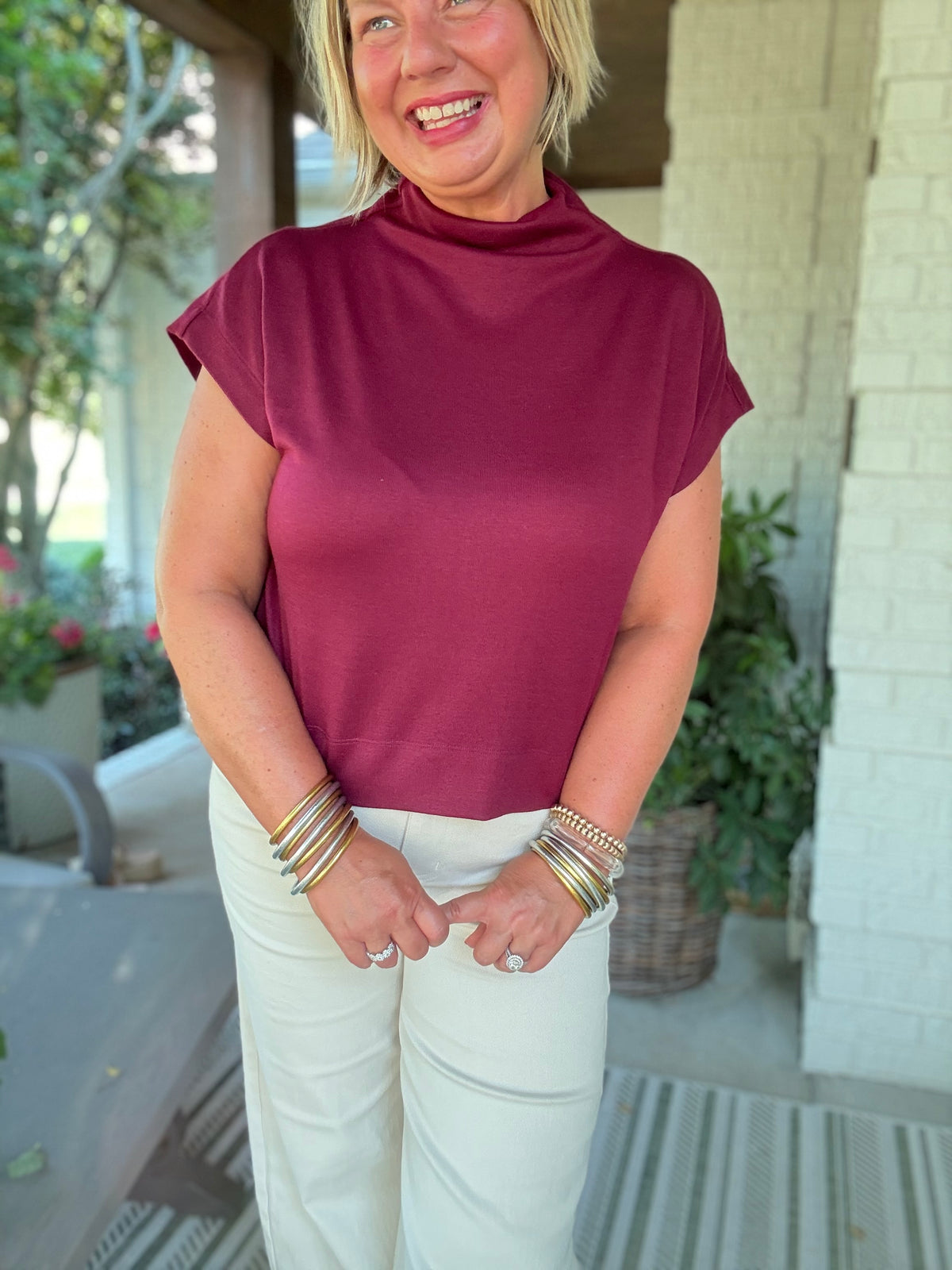Gaby Mock Neck Top - Burgundy