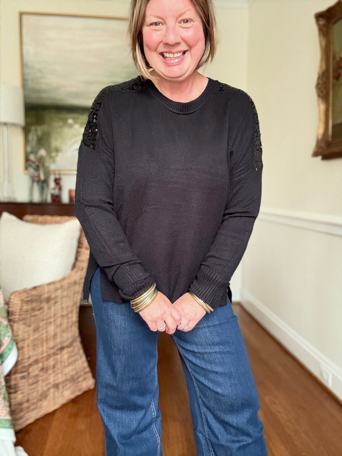 Black Long Sleeve Sweater with Sequins