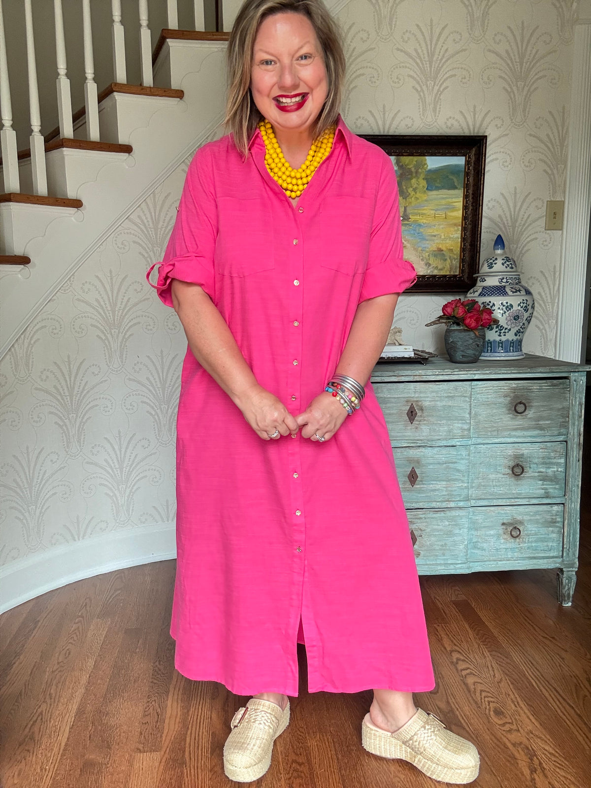 Casual Bright Pink Shirt Dress with Rolled Sleeves