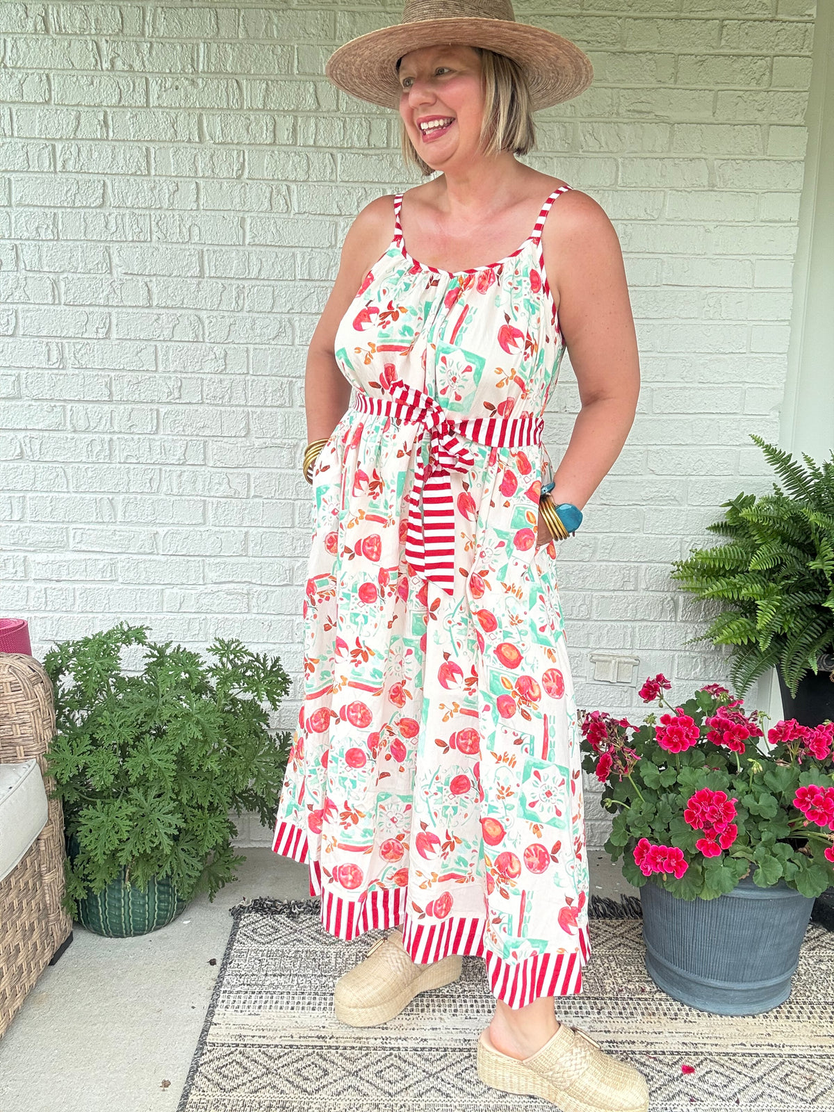 Felicity Fruit Dress w/ Tie Waist - Red