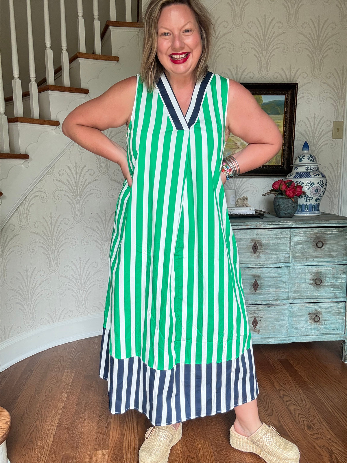 Green Stripe Sleeveless Maxi Dress