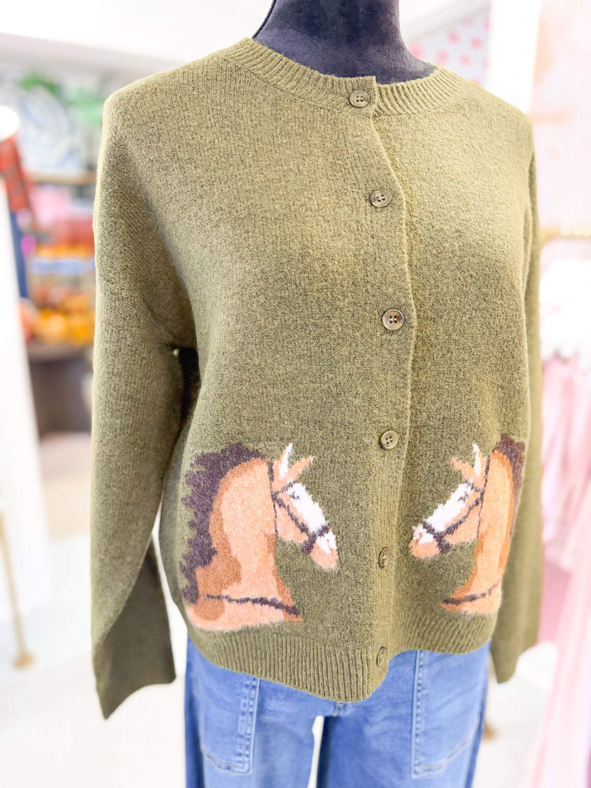 Equestrian Olive Green Cardigan Sweater