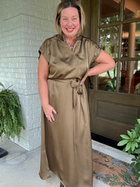 Olive Satin Tie-Back Midi Dress