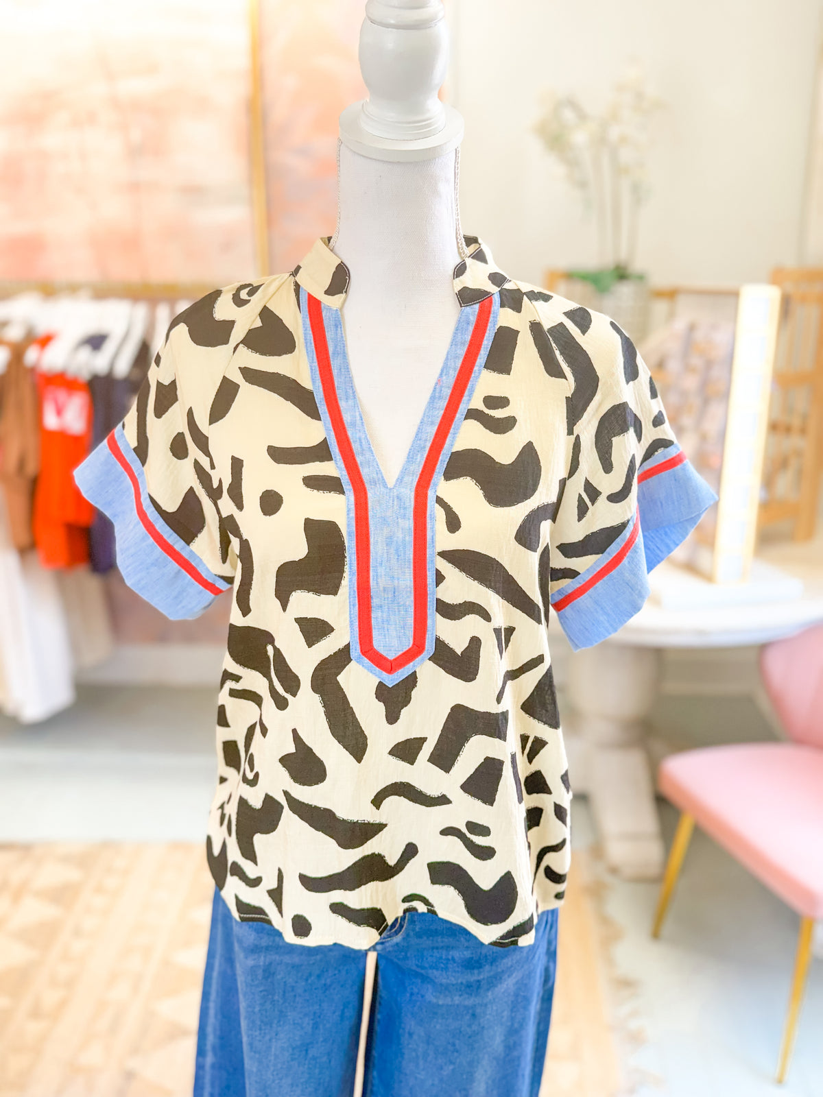Mixed Print Contrast Trim Top