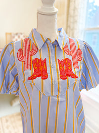Western Inspired Stripe Button Front Blouse - Blue