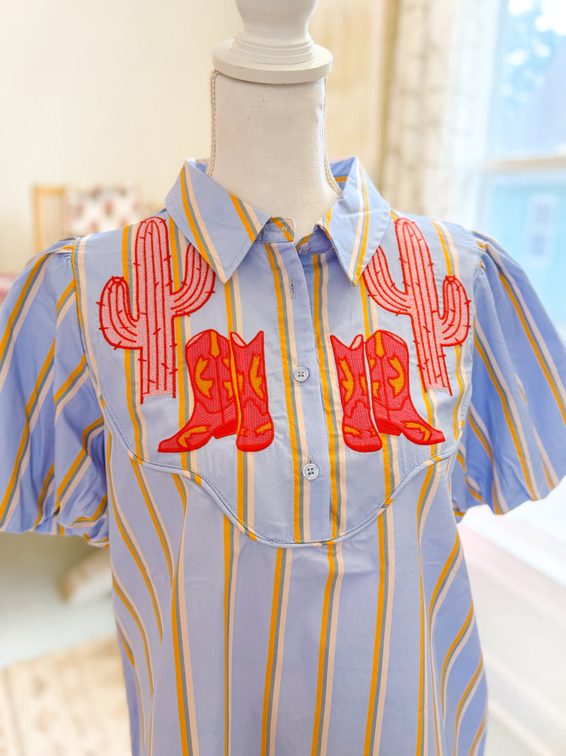 Western Inspired Stripe Button Front Blouse - Blue