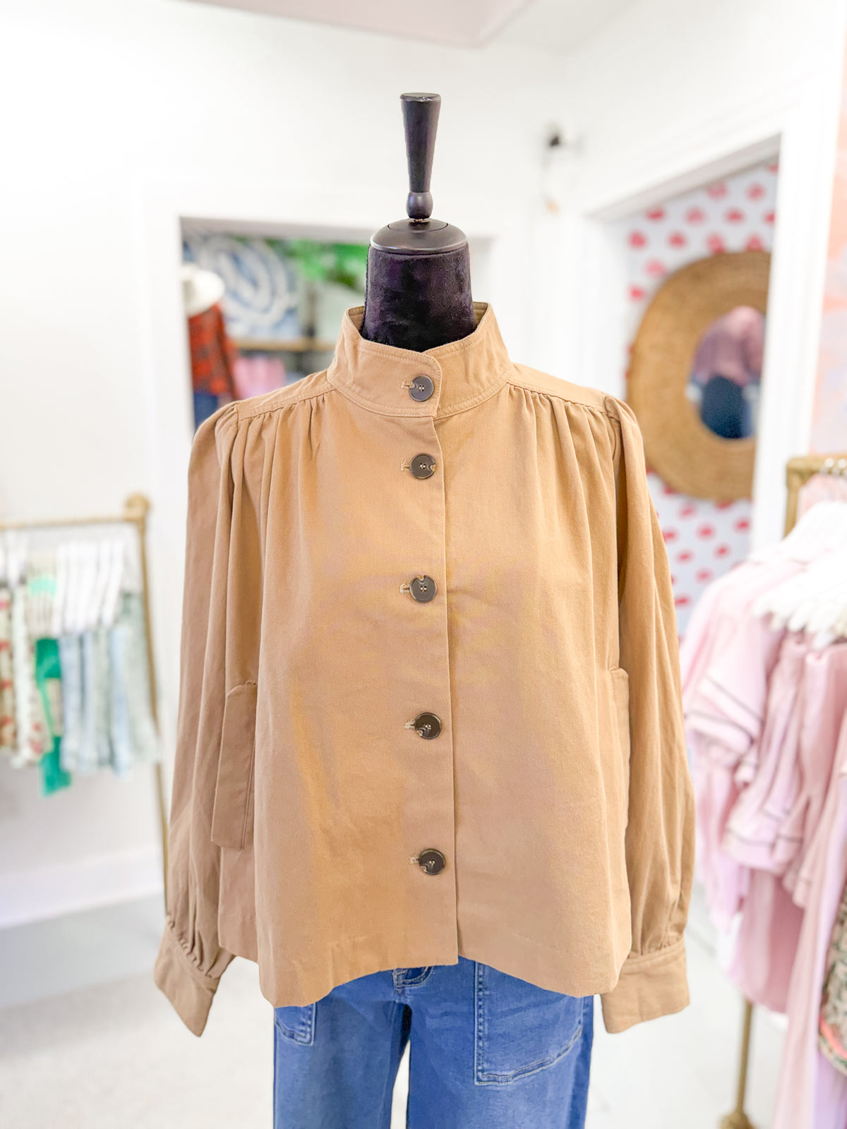High Collar Button Down Jacket - Camel