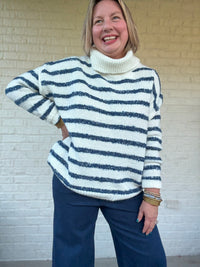 Coastal Chill Blue Stripe Turtleneck Sweater