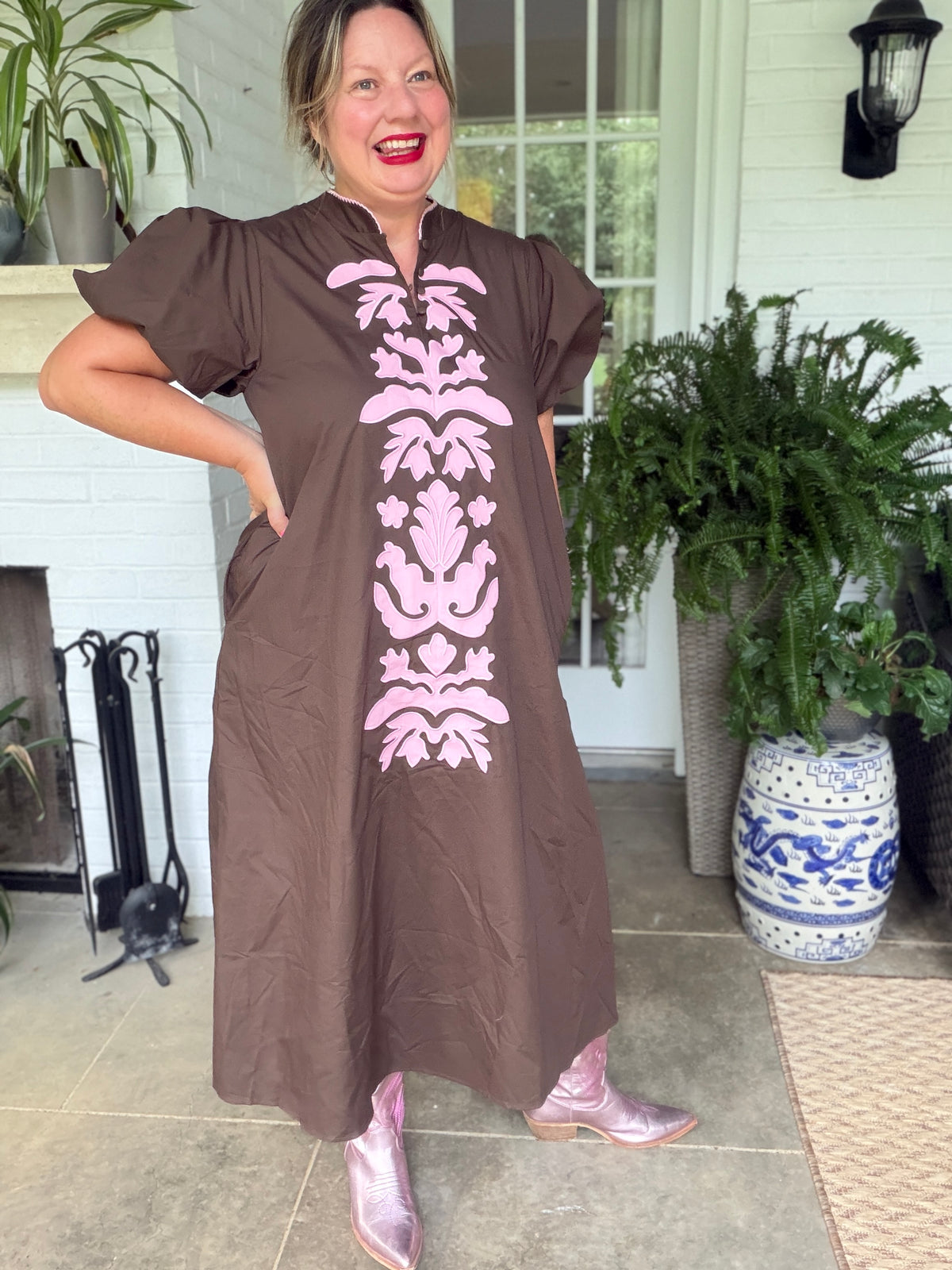 Brown and Pink Floral Puff Sleeve Dress