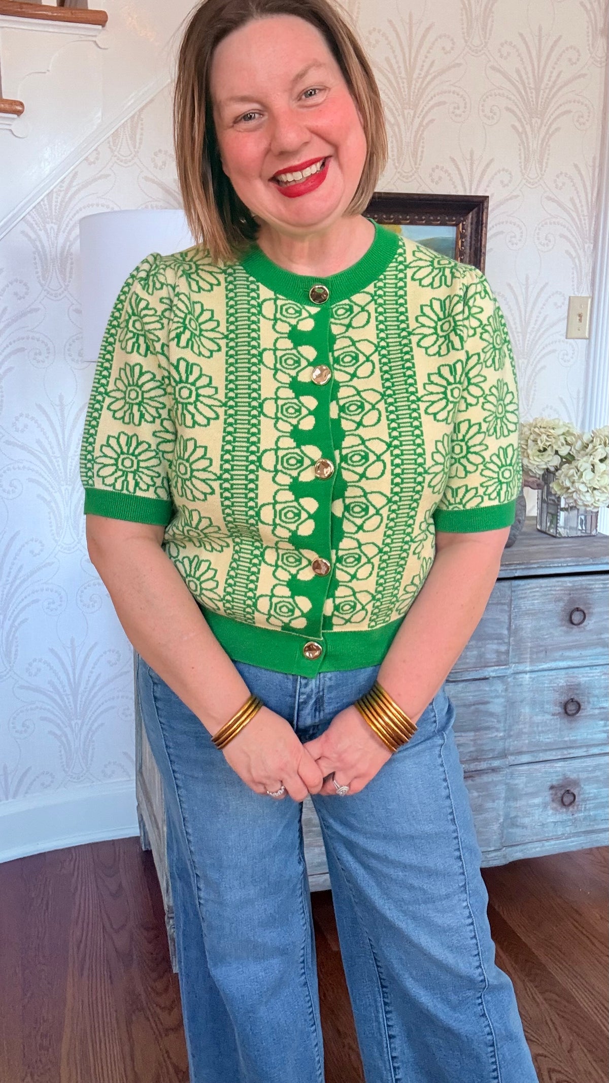 Short Sleeve Floral Button Up Cardigan Sweater