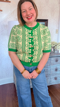 Short Sleeve Floral Button Up Cardigan Sweater