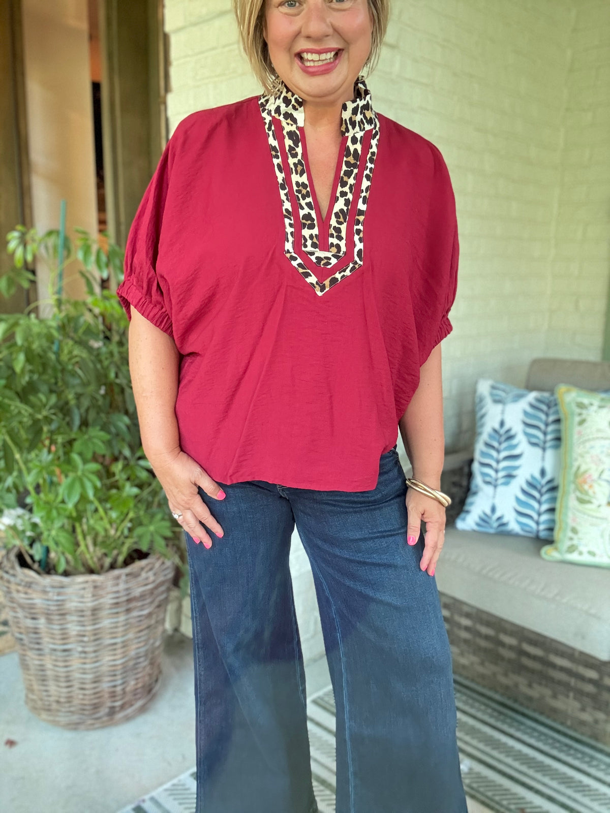 Trimmed in Leopard Top - Garnet