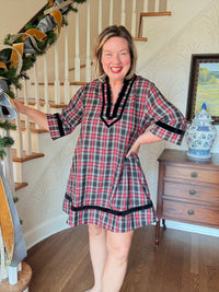 Holiday Plaid Dress with Trim - Black