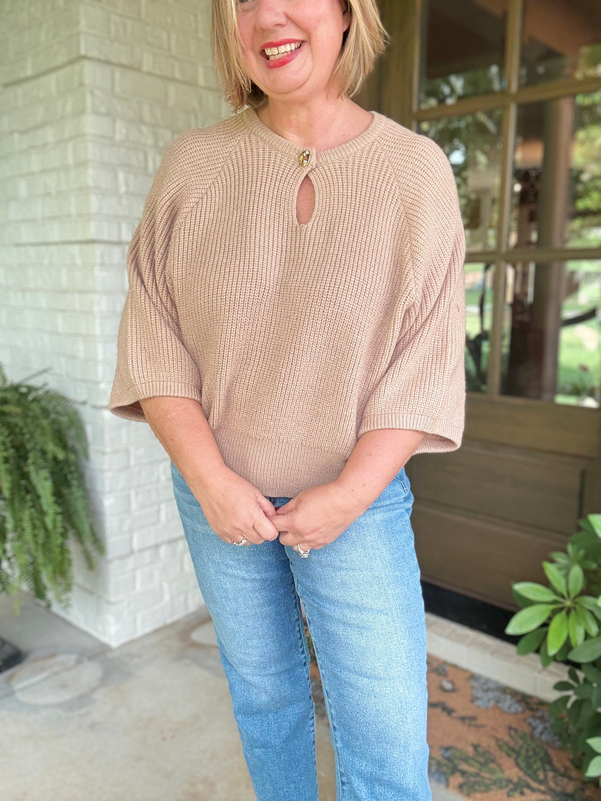 Round Neck Cropped Sleeve Sweater - Taupe