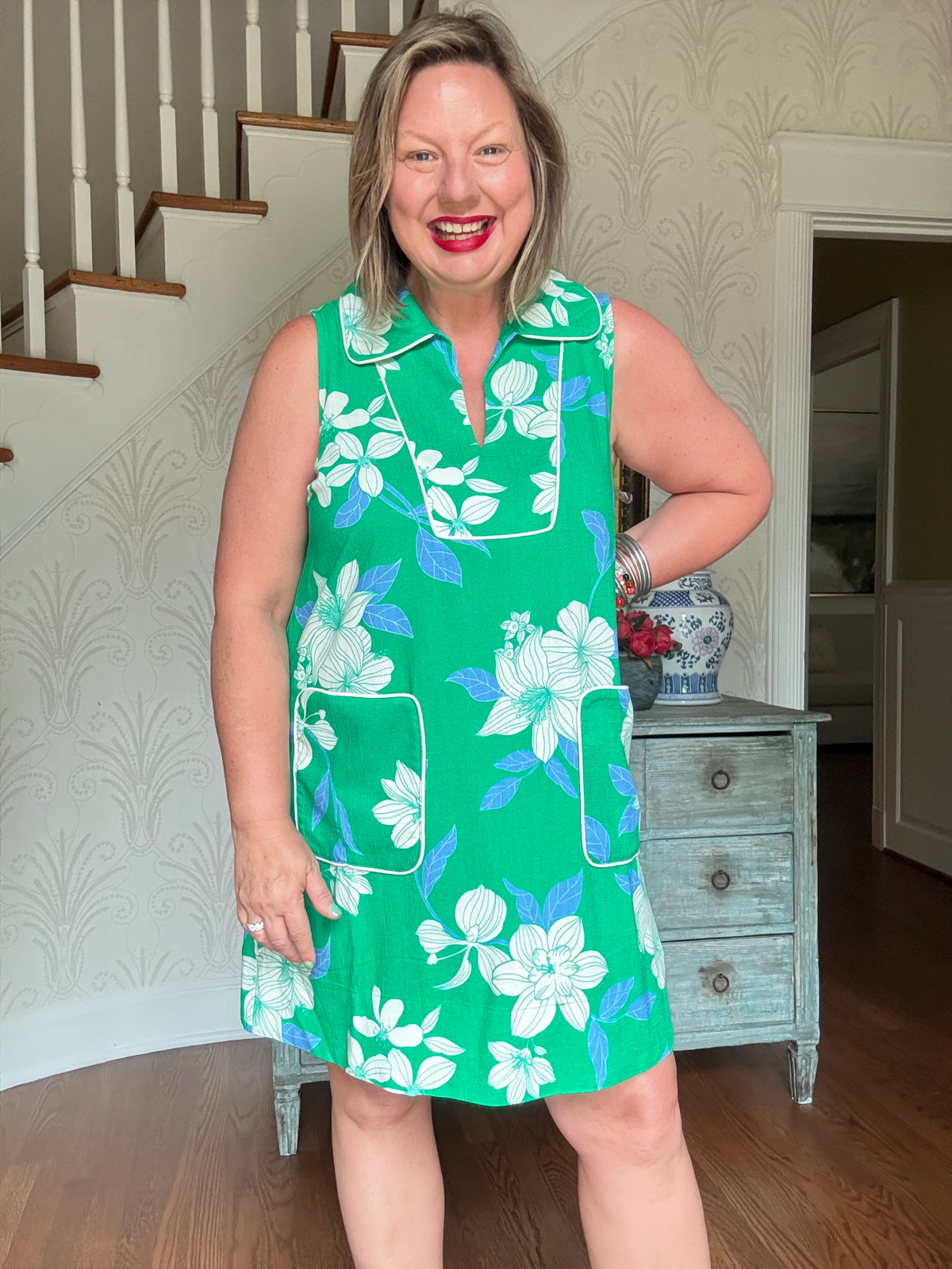 Green Floral Collared Shift Dress