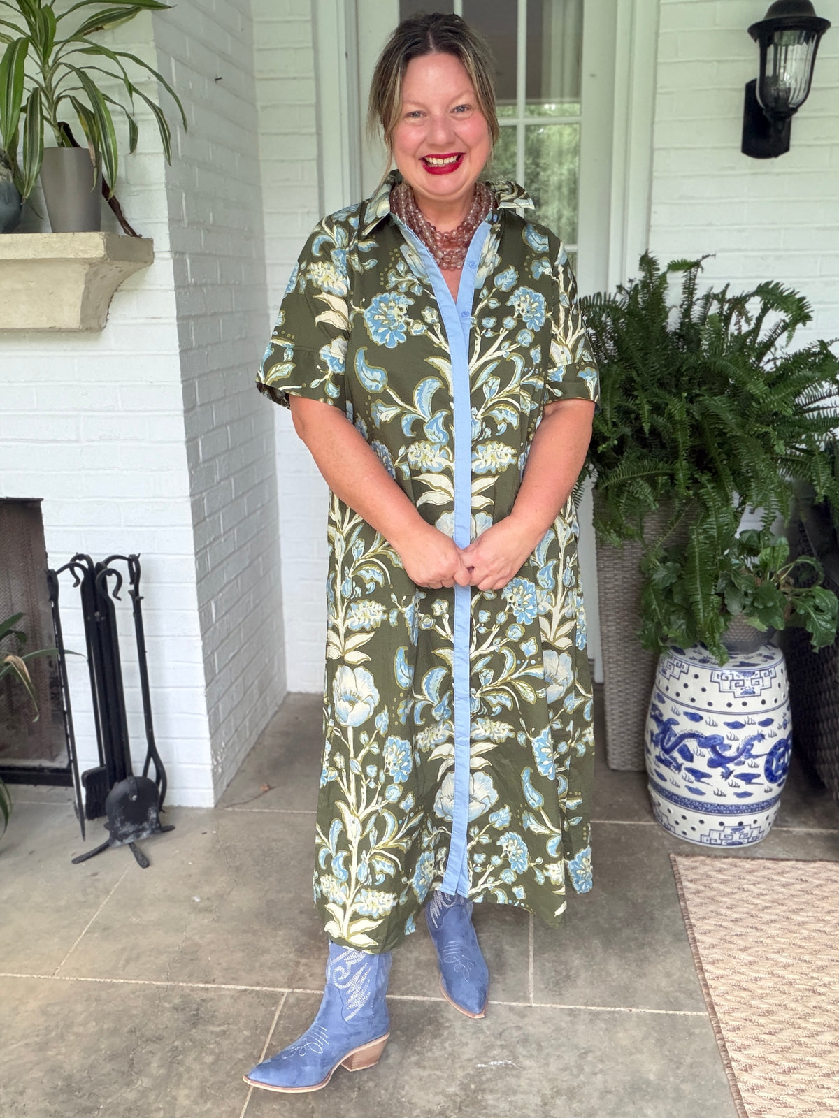 Floral Button Olive and Blue Midi Dress