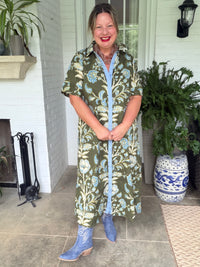 Floral Button Olive and Blue Midi Dress