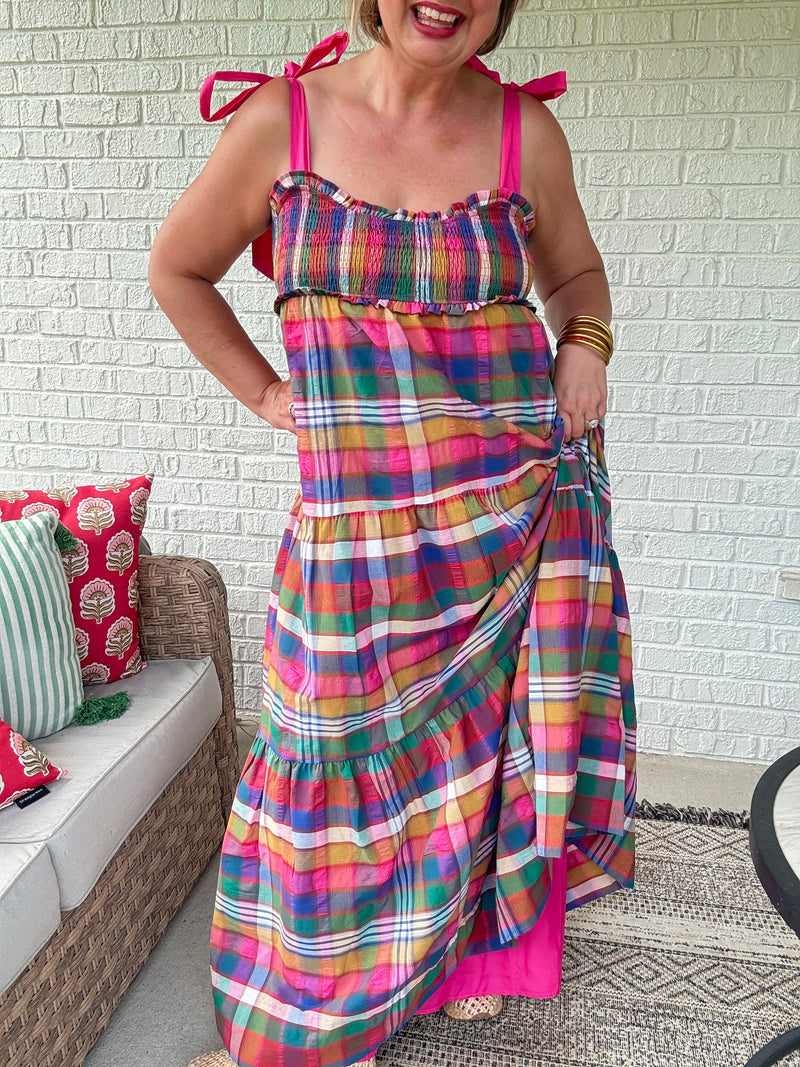 Madras Maxi Dress w/ Tie Straps