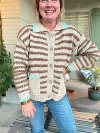 Striped Button-Up Collared Sweater with Pockets - Turquoise Trim