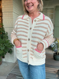 Striped Button-Up Collared Sweater with Pockets - Pink Trim