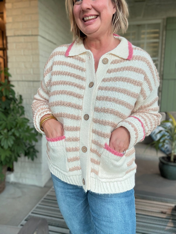 Striped Button-Up Collared Sweater with Pockets - Pink Trim