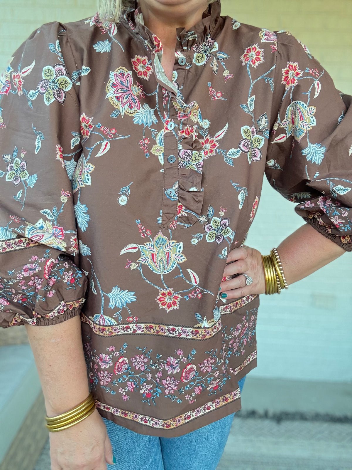 Mocha Floral Boho Blouse with Ruffle Neck
